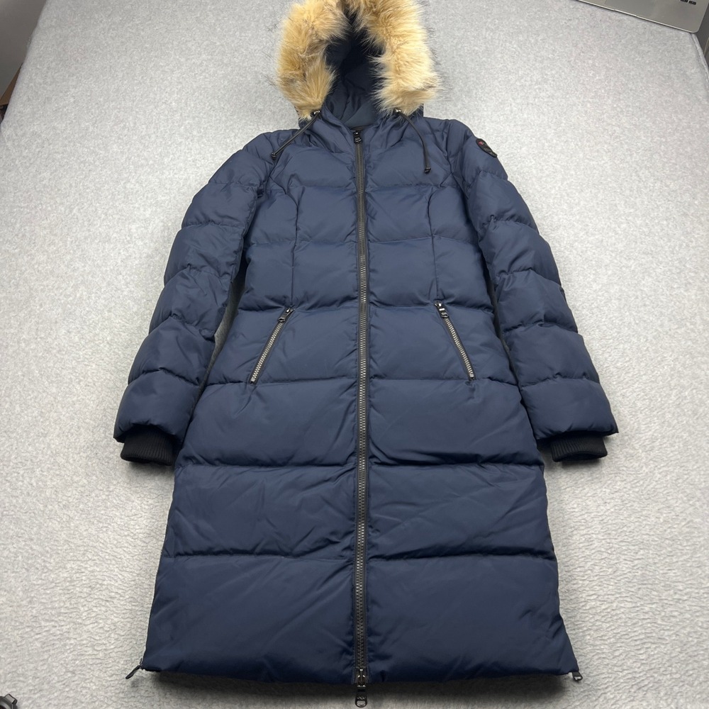 Pajar Jayde FF Puffer Parka Jacket Womens XS Blue Hooded Faux Fur Full Zip Coat